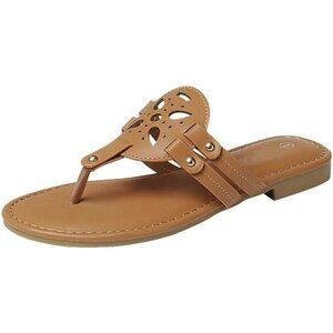 Trufox Women Medallion Flat Sandals Light Brown Soft Cushion Slide Summer Flip F